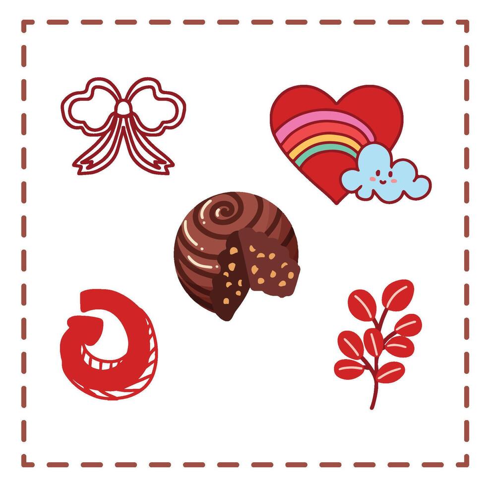 Valentine's Day Sticker Set Greetings Card chocolate ball roco red love shapes clouds arrow vector