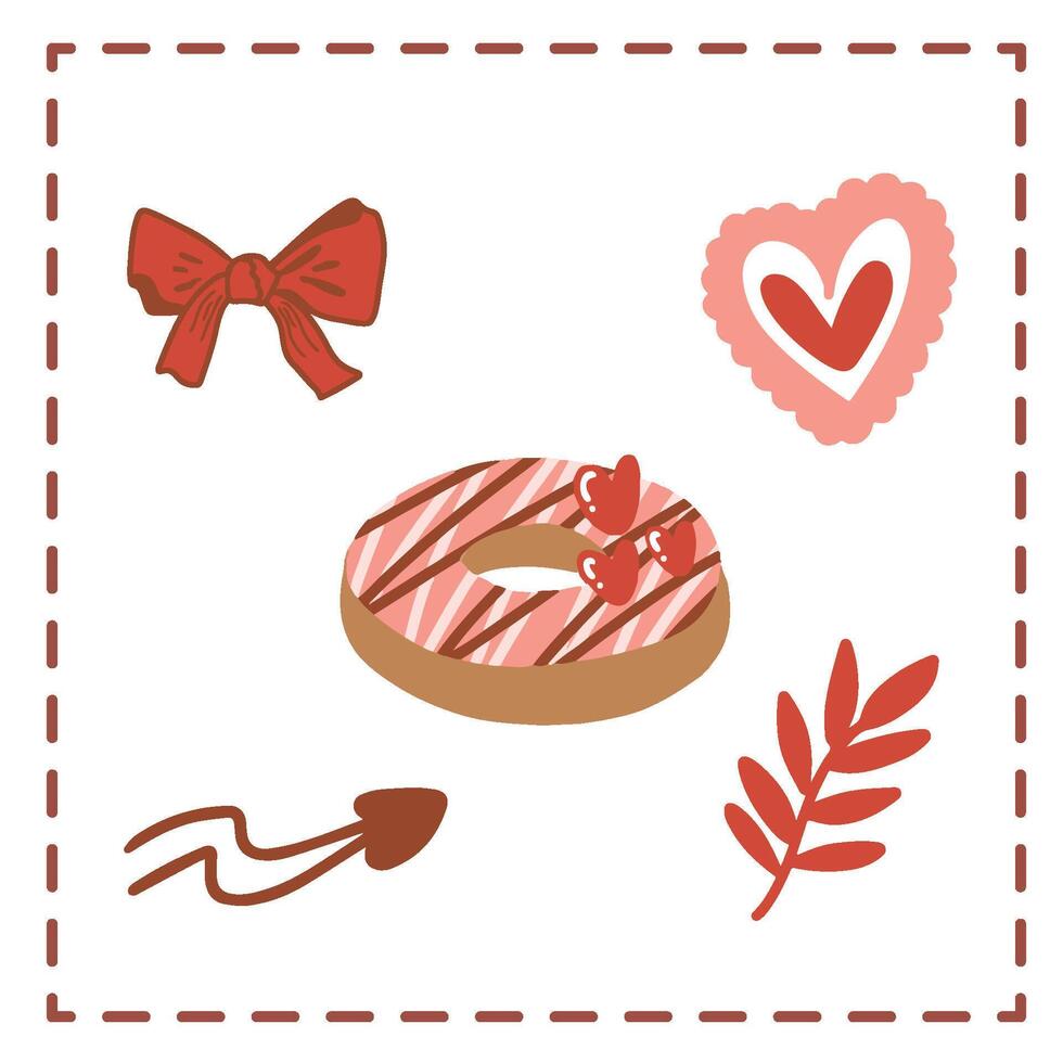 Valentine's Day Sticker Set Greetings Card donut love heart shapes red leaves vector