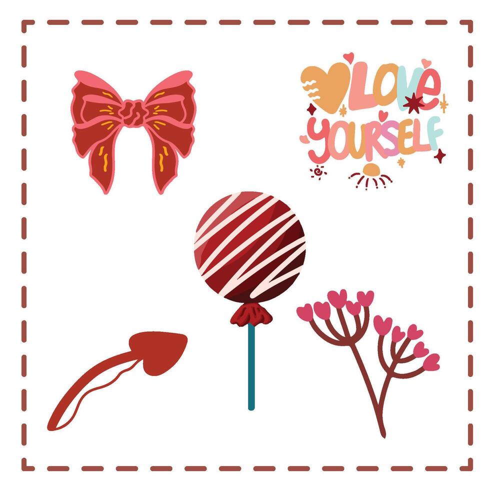 Valentine's Day Sticker Set Greetings Card love yourself typography candy popsicle vector