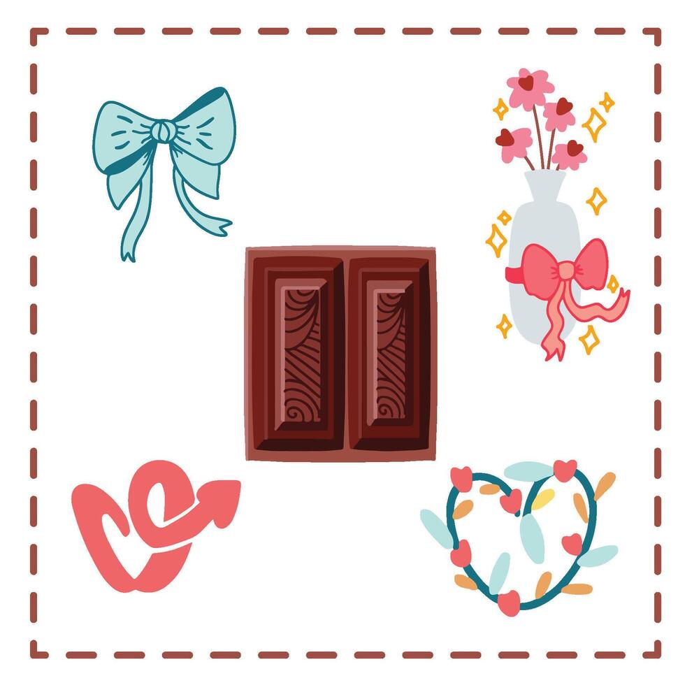Valentine's Day Sticker Set Greetings Card chocolates bar blue ribbon flower vas aesthetic vector