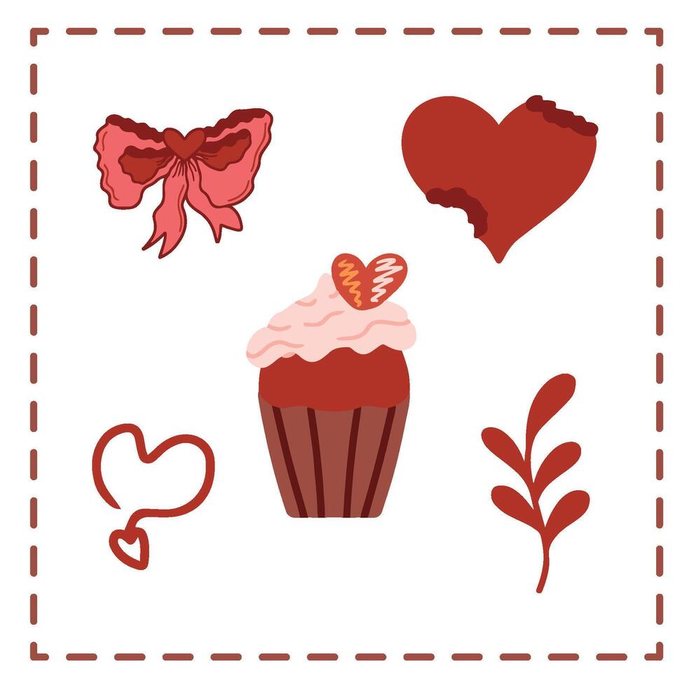Valentine's Day Sticker Set Greetings Card red cupcakes chocolates heart bites vector