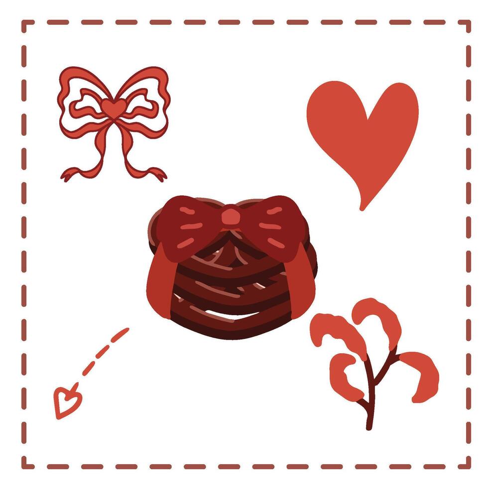 Valentine's Day Sticker Set Greetings Card pretzel gift red chocolates vector