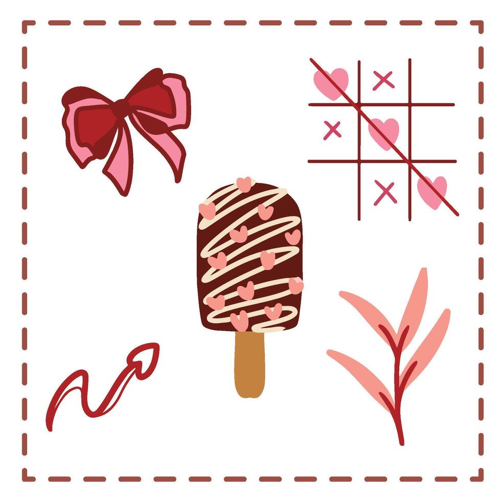 Valentine's Day Sticker Set Greetings Card deep pink hot chocolate pretzel vector