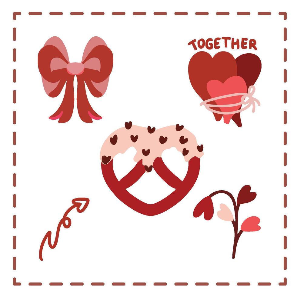 Valentine's Day Sticker Set Greetings Card pretzel love heart erd vector