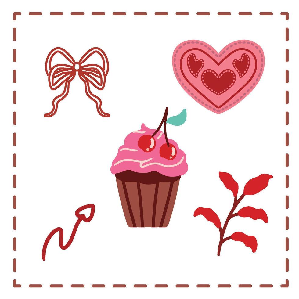 Valentine's Day Sticker Set Greetings Card cupcakes cherry pink red vector