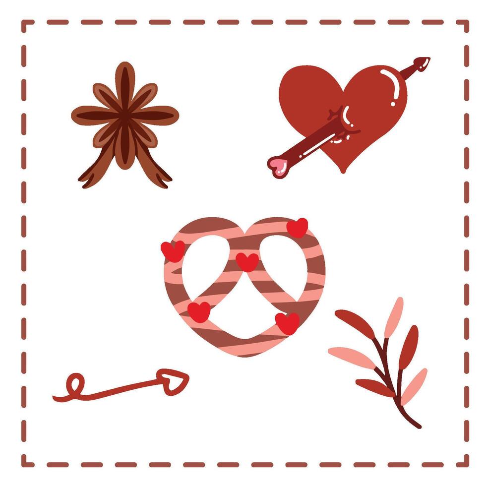 Valentine's Day Sticker Set Greetings Card choco pretzel love arrow leaves vector