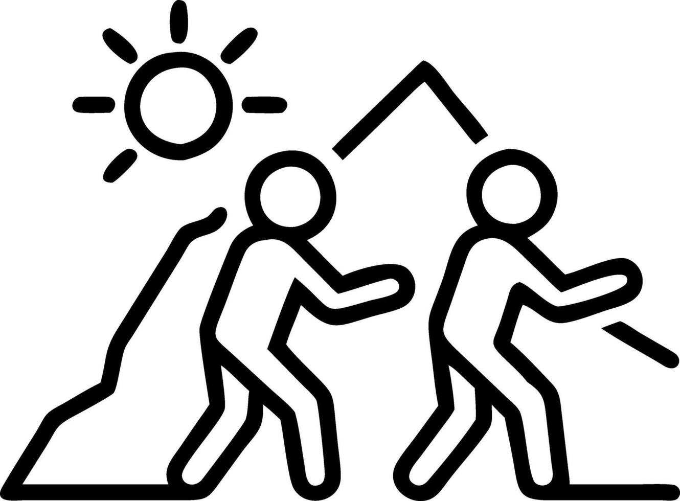 Candid shot of friends hiking up a mountain trail during sunrise copy space on the side. vector