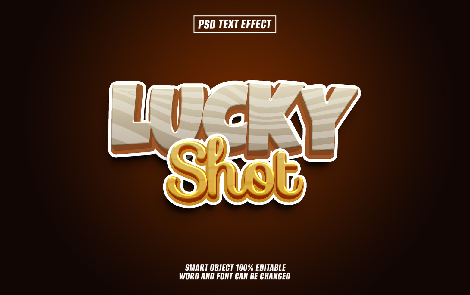 3D text effect. Lucky Shot on brown background. psd