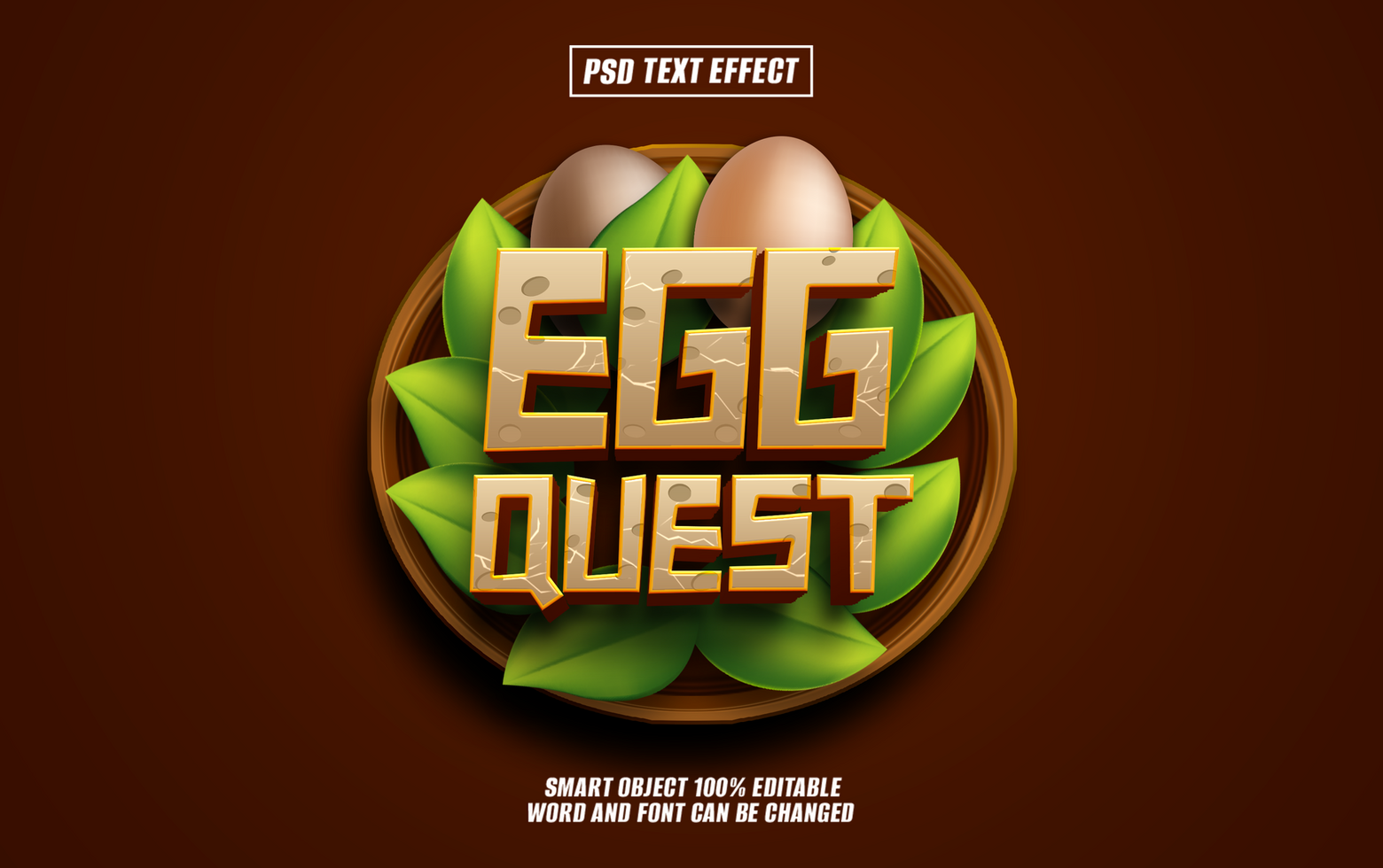 3D text Egg Quest on a wooden psd