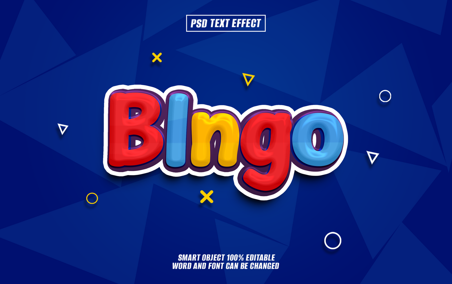 Bingo text effect on a blue geometric background. psd