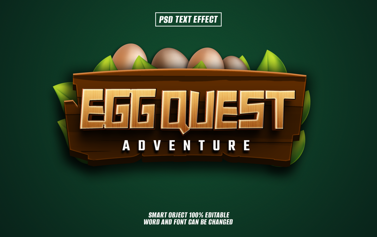 Wooden sign with Egg Quest Adventure text,with eggs and leaves psd