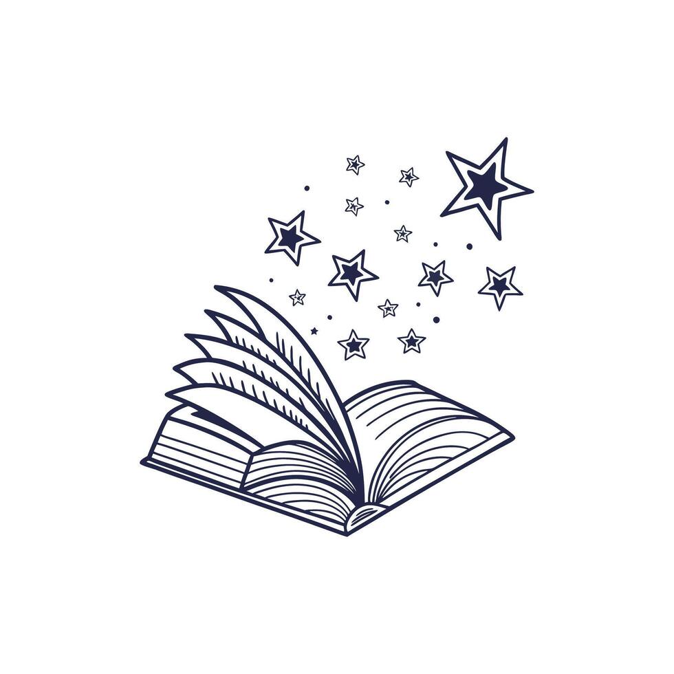 Dreamy Open Book Illustration with Flying Stars vector