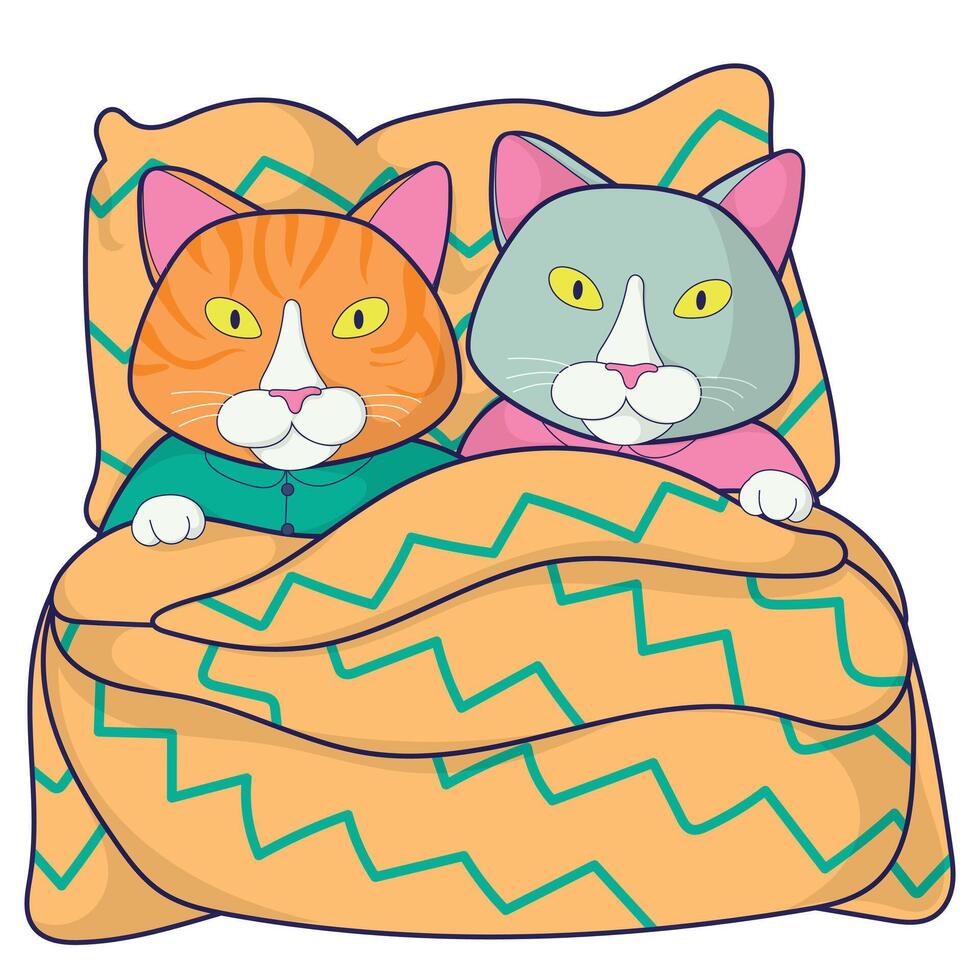 Two cute cats in pajamas sleeping peacefully under a cozy blanket, showcasing adorable animal charm. vector