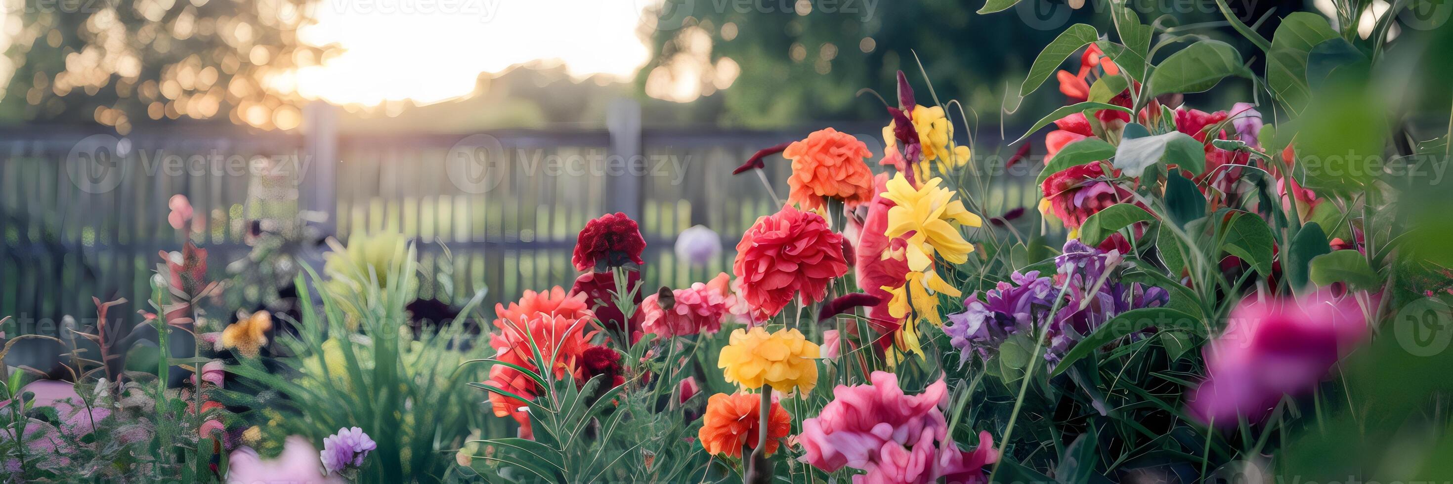 Vibrant summer garden with colorful flowers and warm atmosphere photo