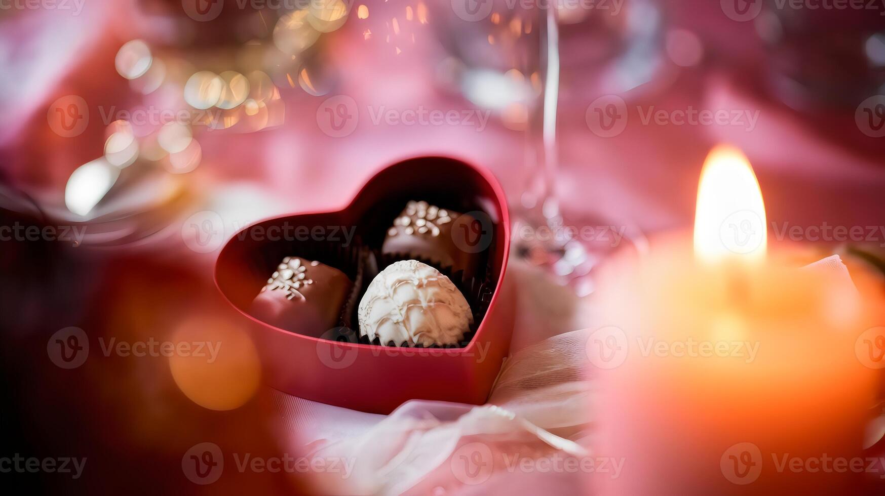 Warm Valentine's Day setting with heart-shaped chocolate box and candle glow photo