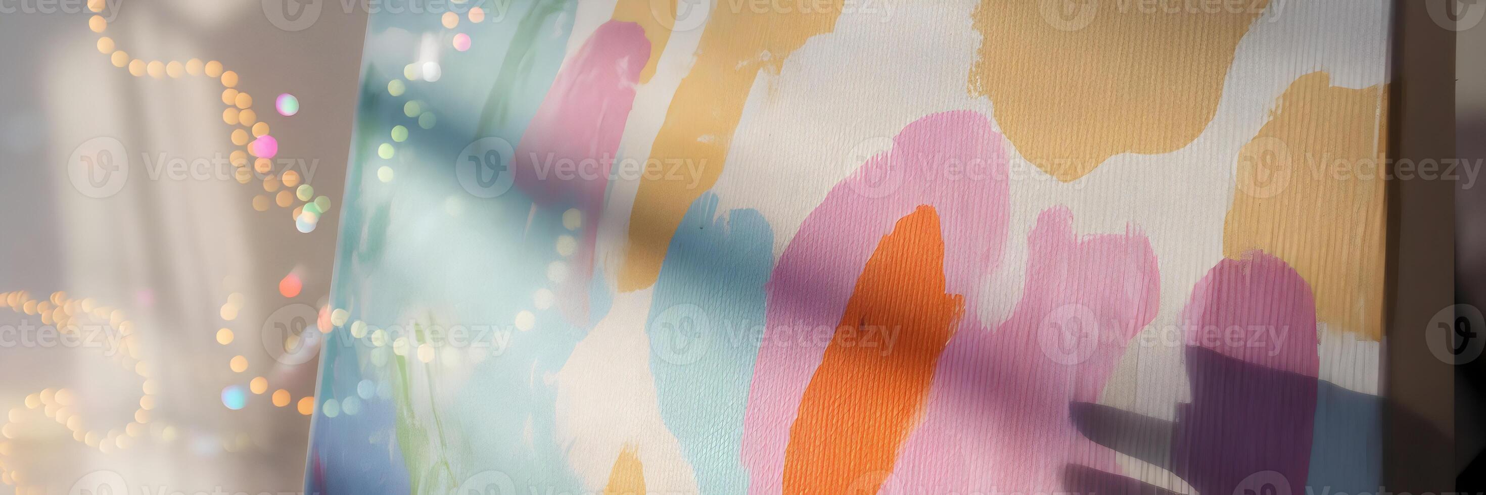 Canvas with abstract colorful paint splashes and shadow of paintbrush photo