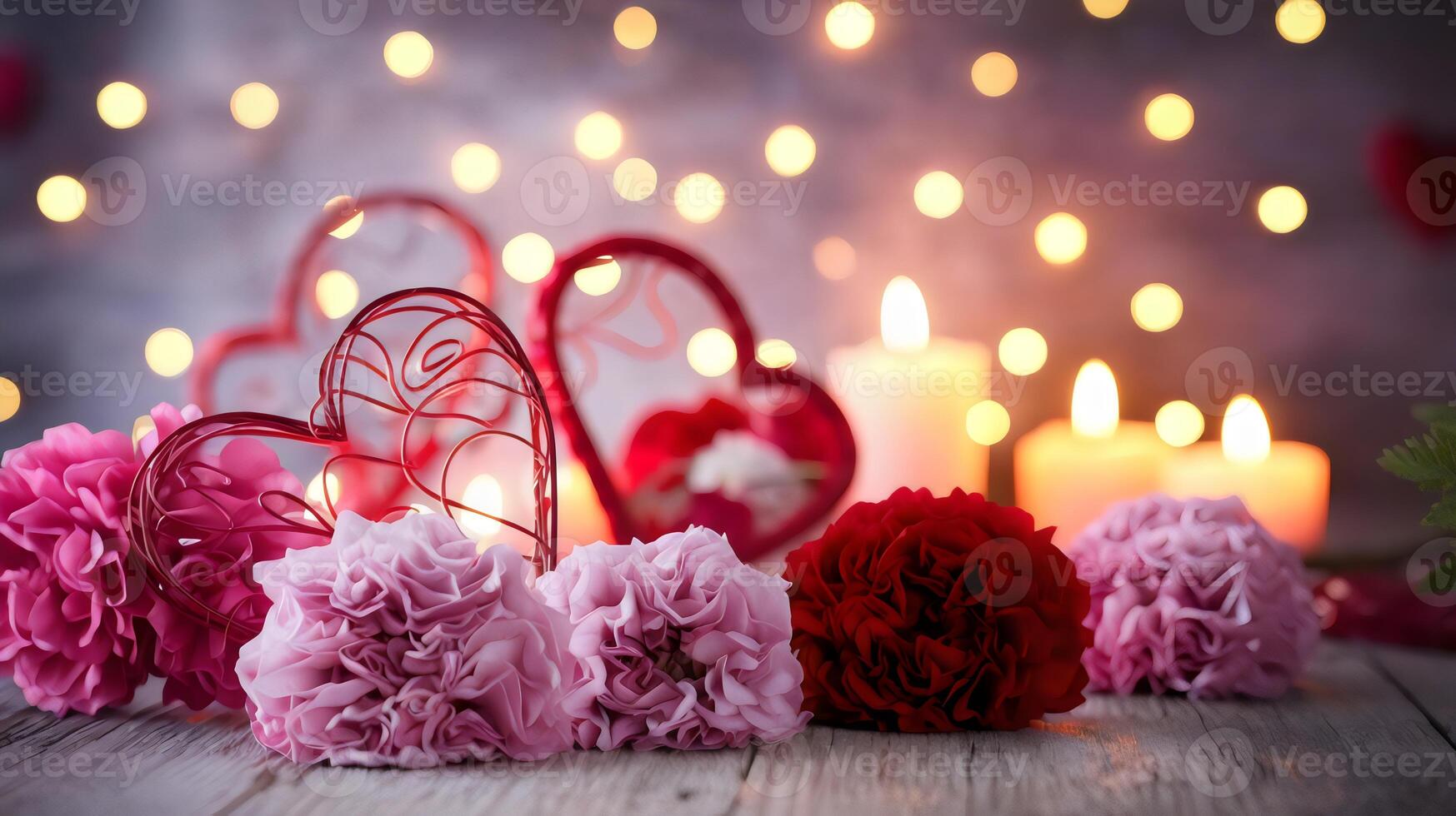 Romantic setting with heart-shaped decorations and soft candlelight photo
