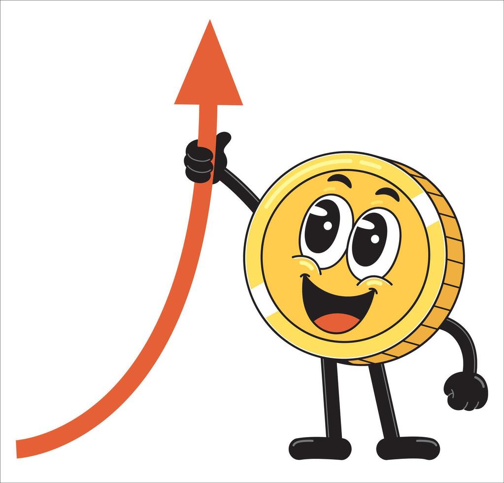 Cheerful Coin Character with Upward Trend Arrow. vector