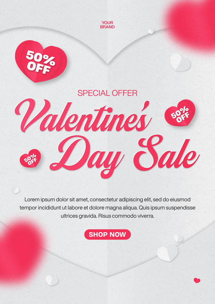Valentine day sale poster template design with paper background psd