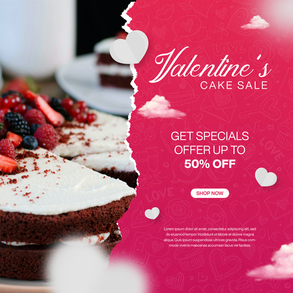 Valentines Cake Sale Social Media Post Template Design With Ripped Paper Style psd