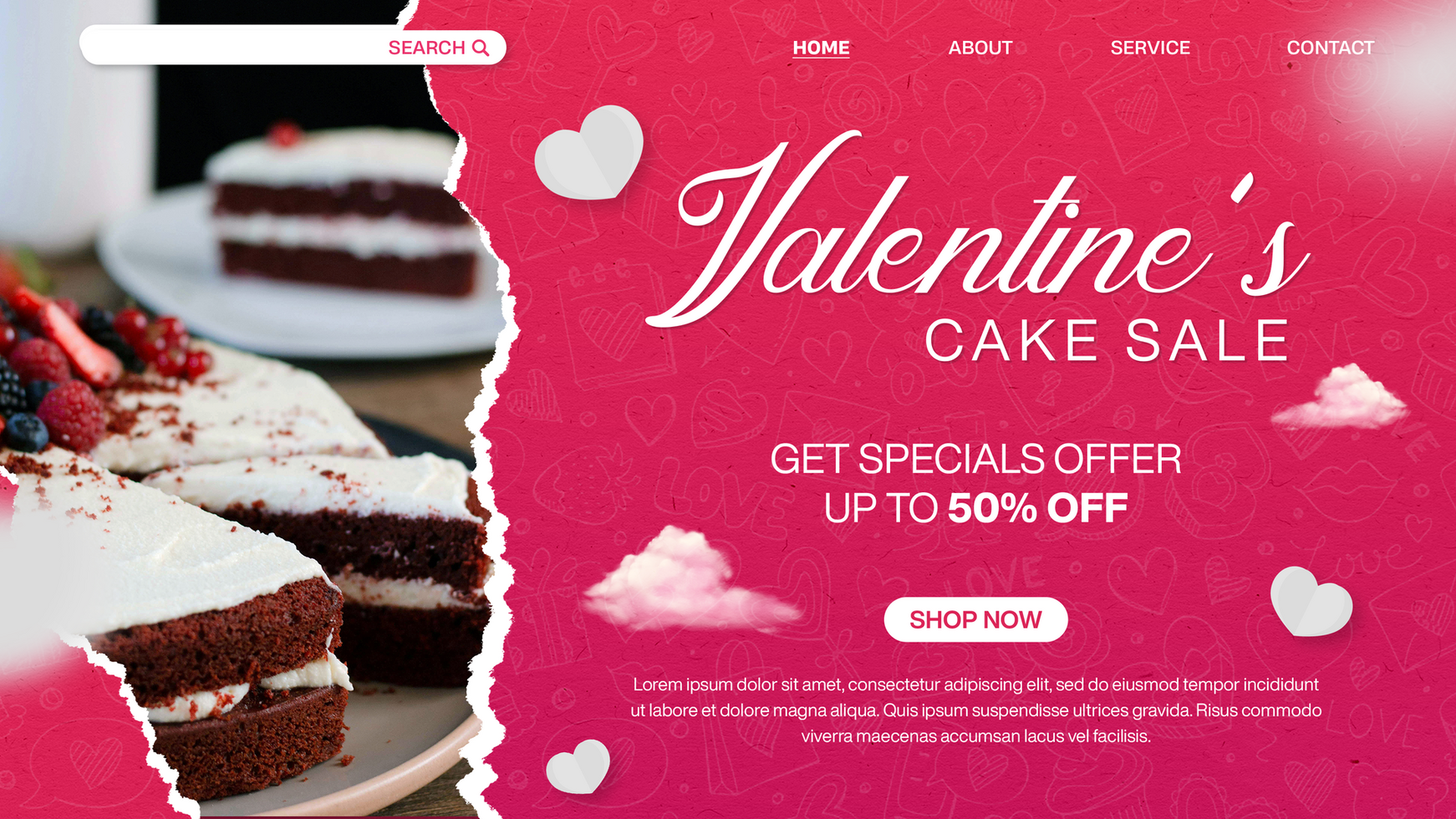 Valentines Cake Sale Landing Page Template Design With Ripped Paper Style psd