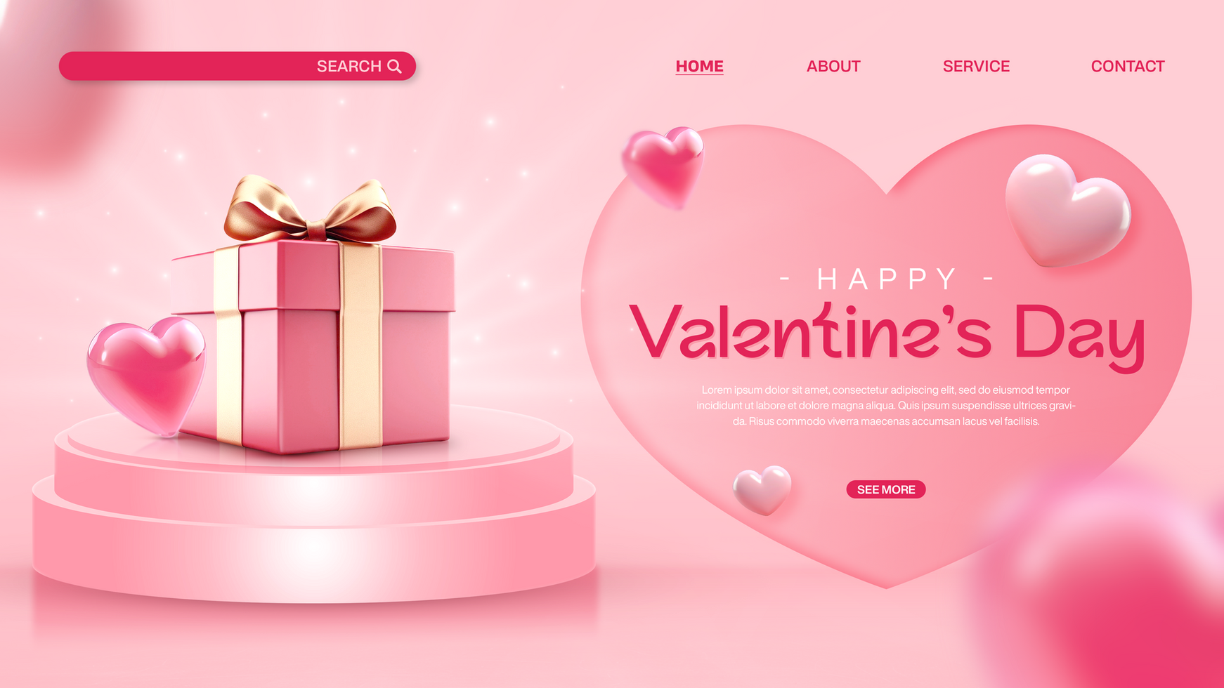 Happy Valentines Day Landing Page Template with 3D decoration psd