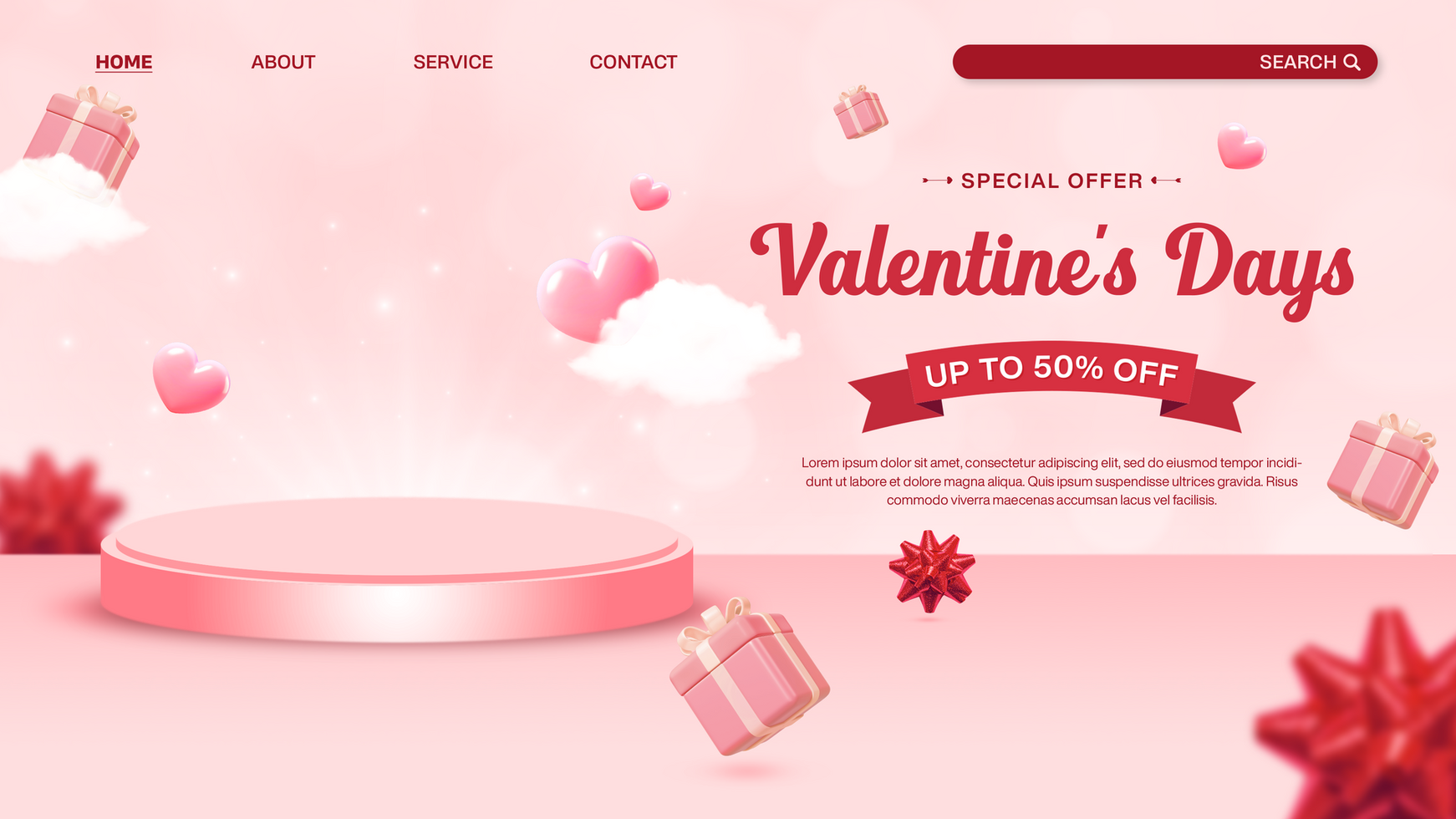 Valentines day sale banner background landing page template with product display psd