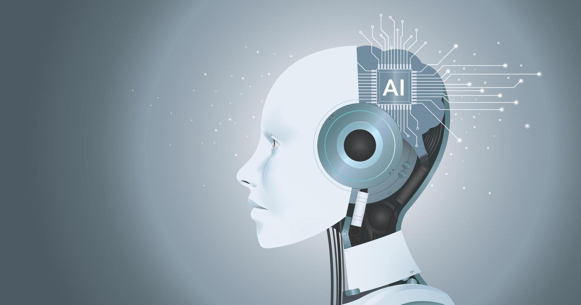 AI humanoid head side view, AI microchip brain and Concept of artificial intelligence. Graphic of a digital brain made from circuit board, on grey background. vector