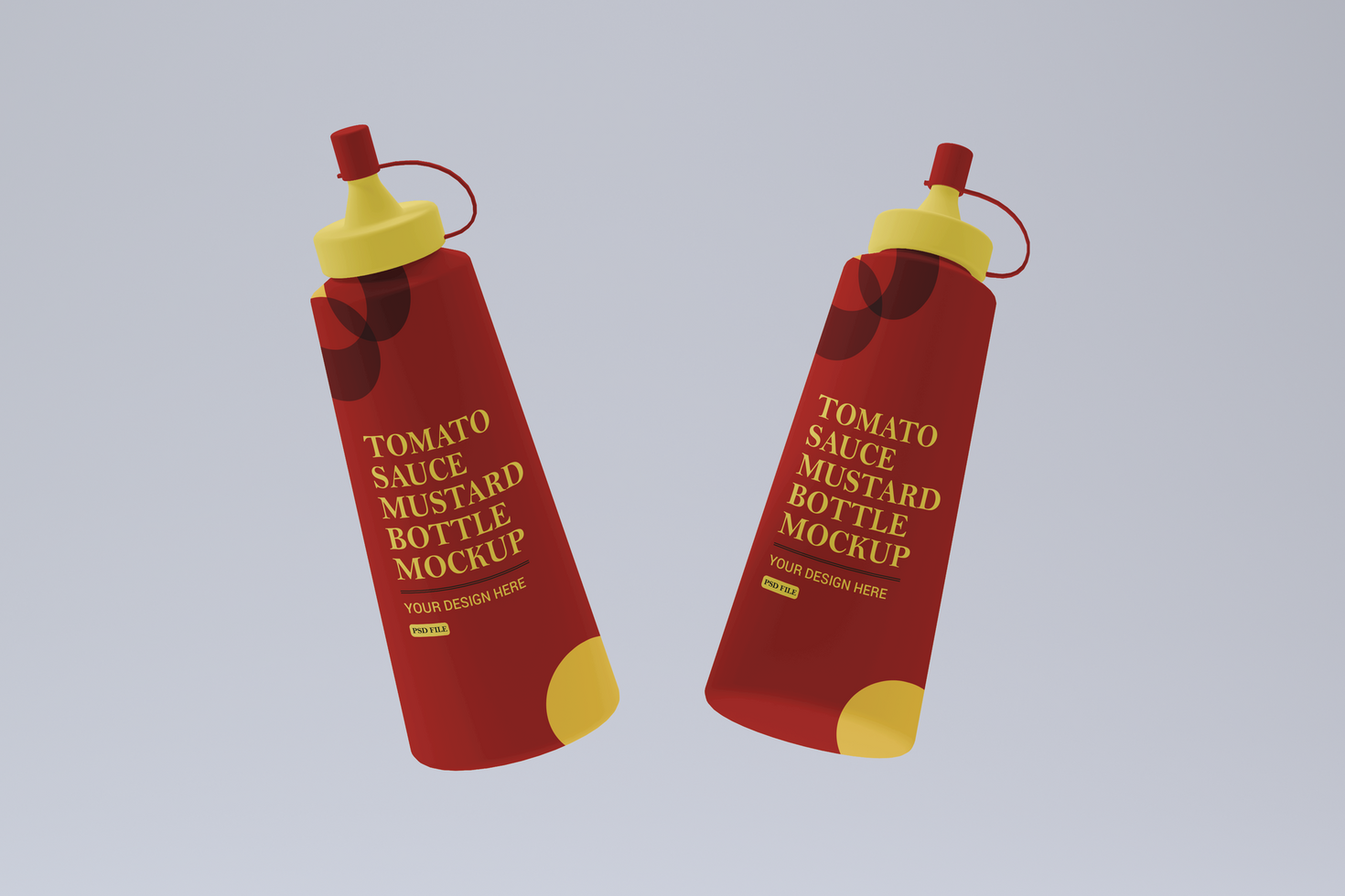 Two floating Tomato sauce mustard bottle mockup psd