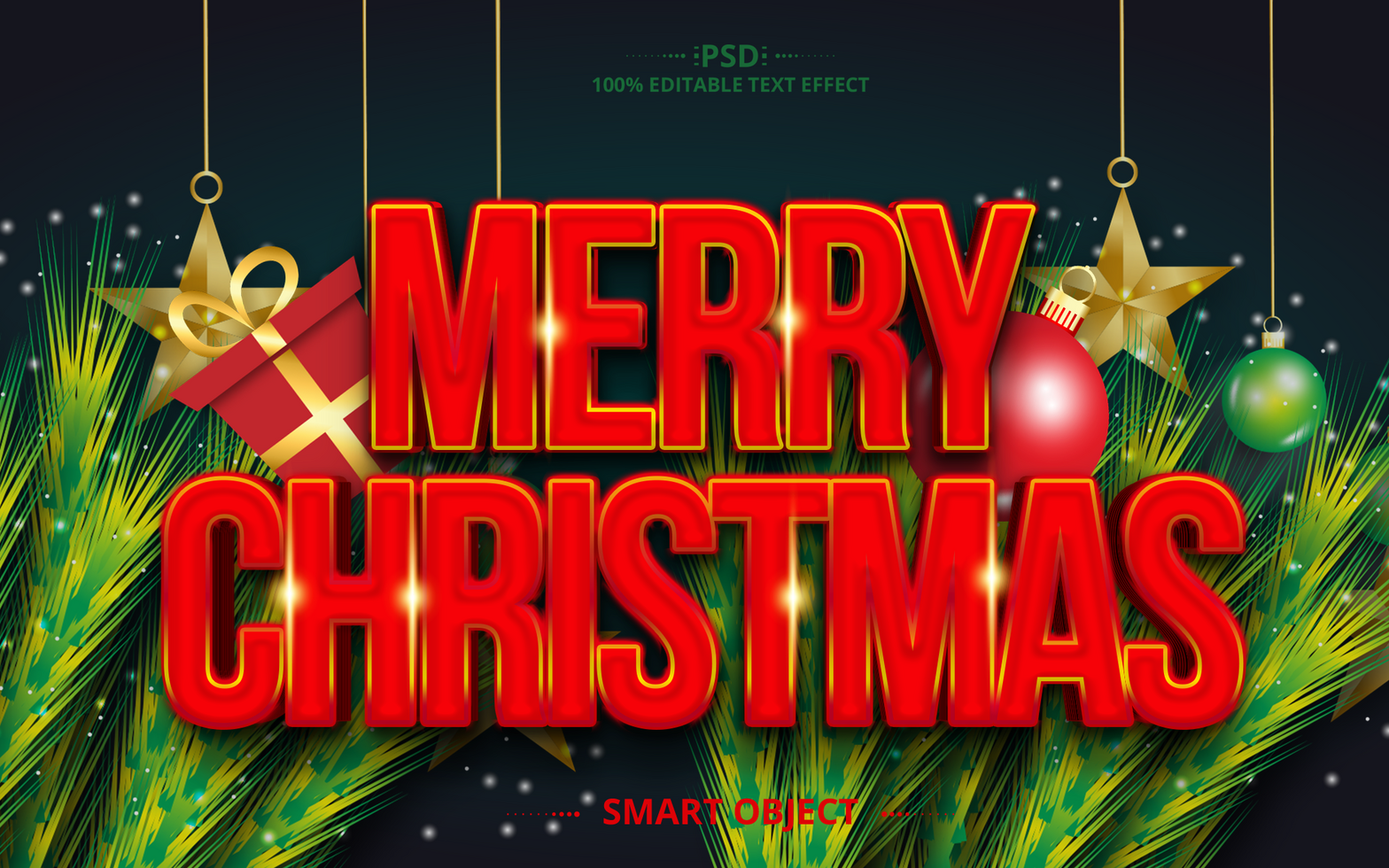 Red and green Christmas 3d text style effect with elements psd