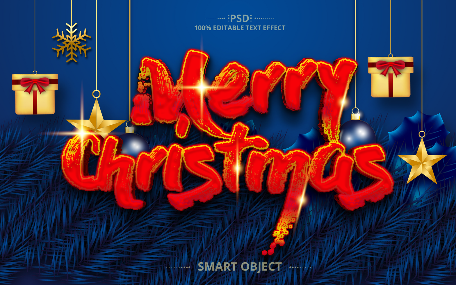 Red and gold Christmas 3d text style effect with gold box psd