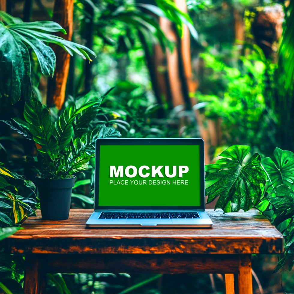 laptop mockup on a wooden table in the middle of a tropical garden psd