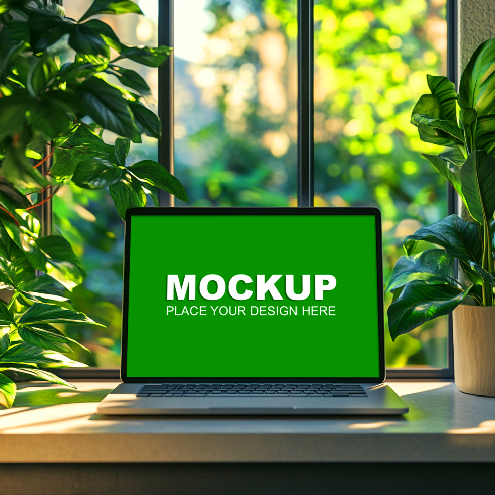 laptop mockup on window sill psd