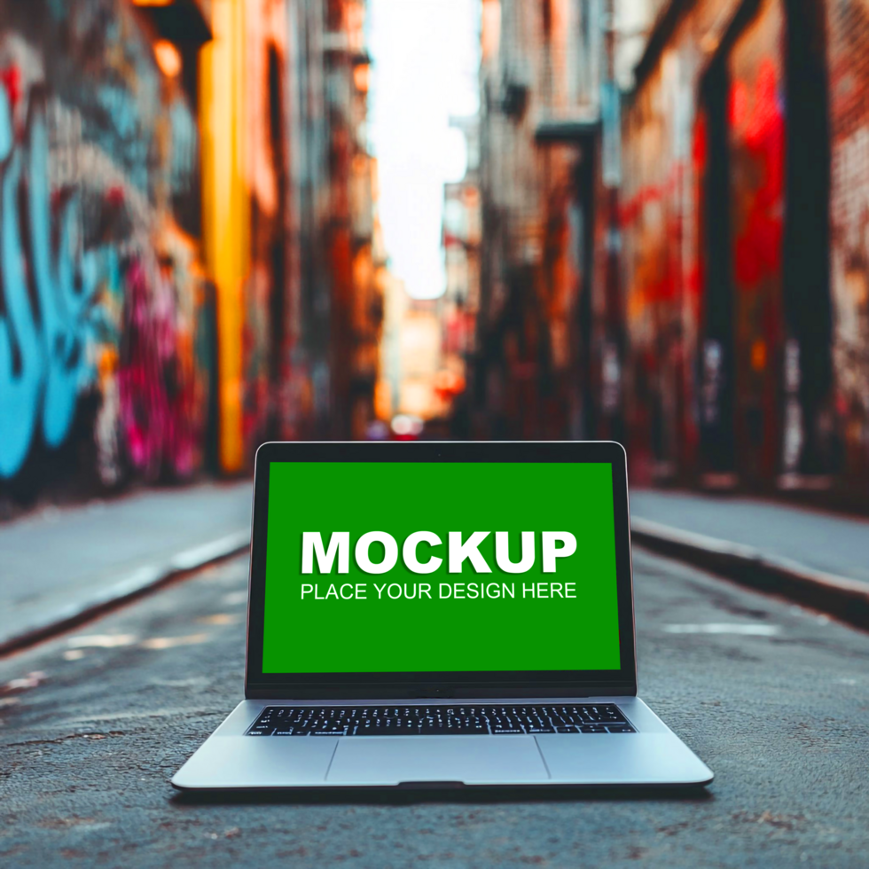 laptop mockup on a street with bokeh background psd