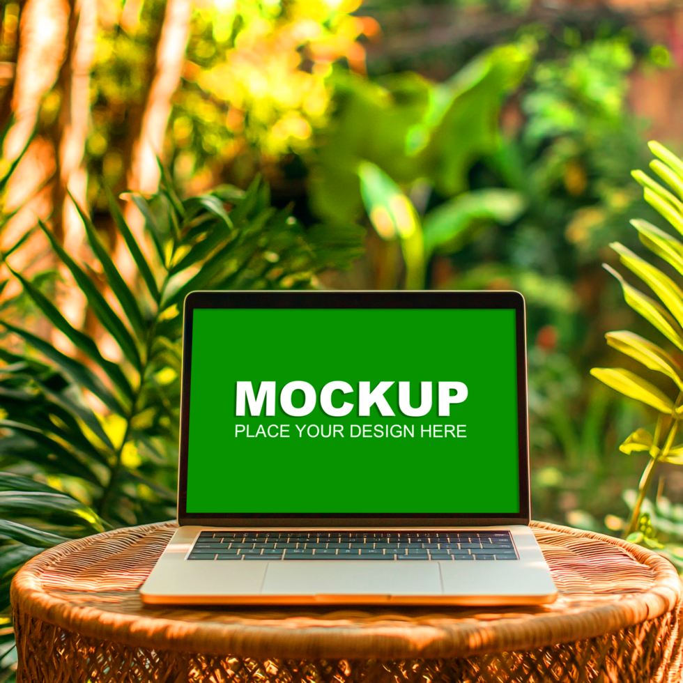 laptop mockup on a table in the garden psd