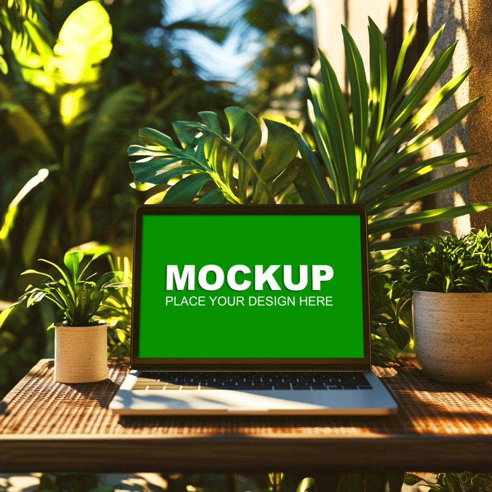 laptop mockup on a table with plants psd
