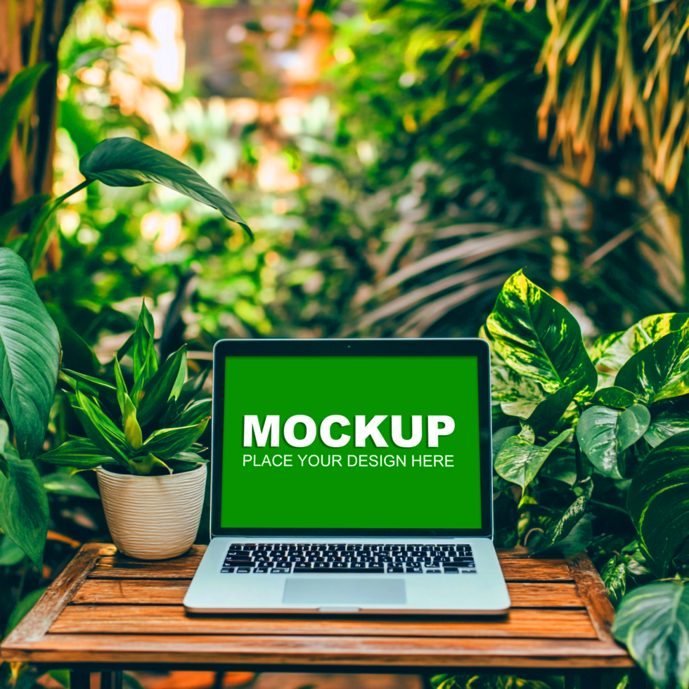 laptop mockup on a wooden table with plants psd