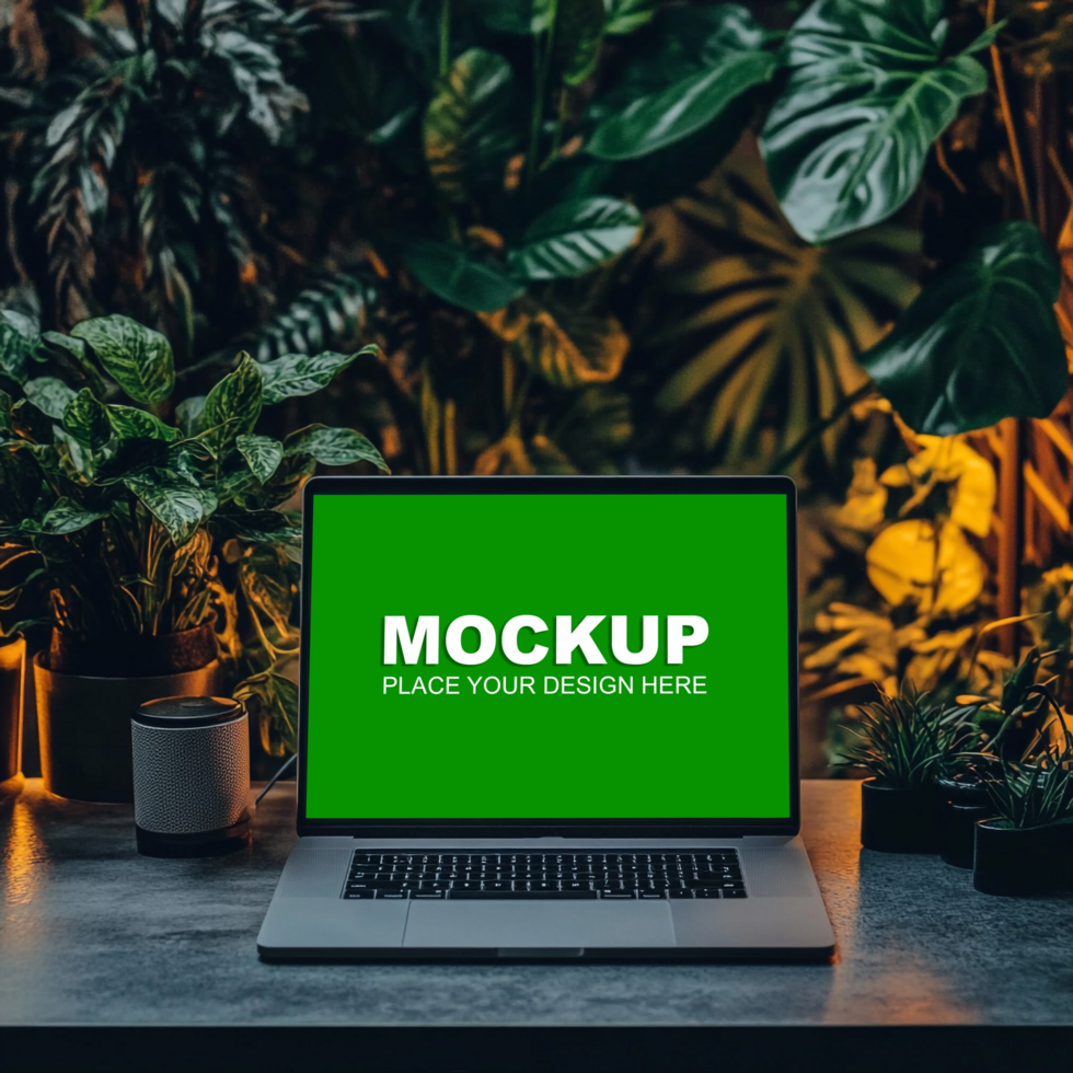 laptop mockup on a desk with plants psd