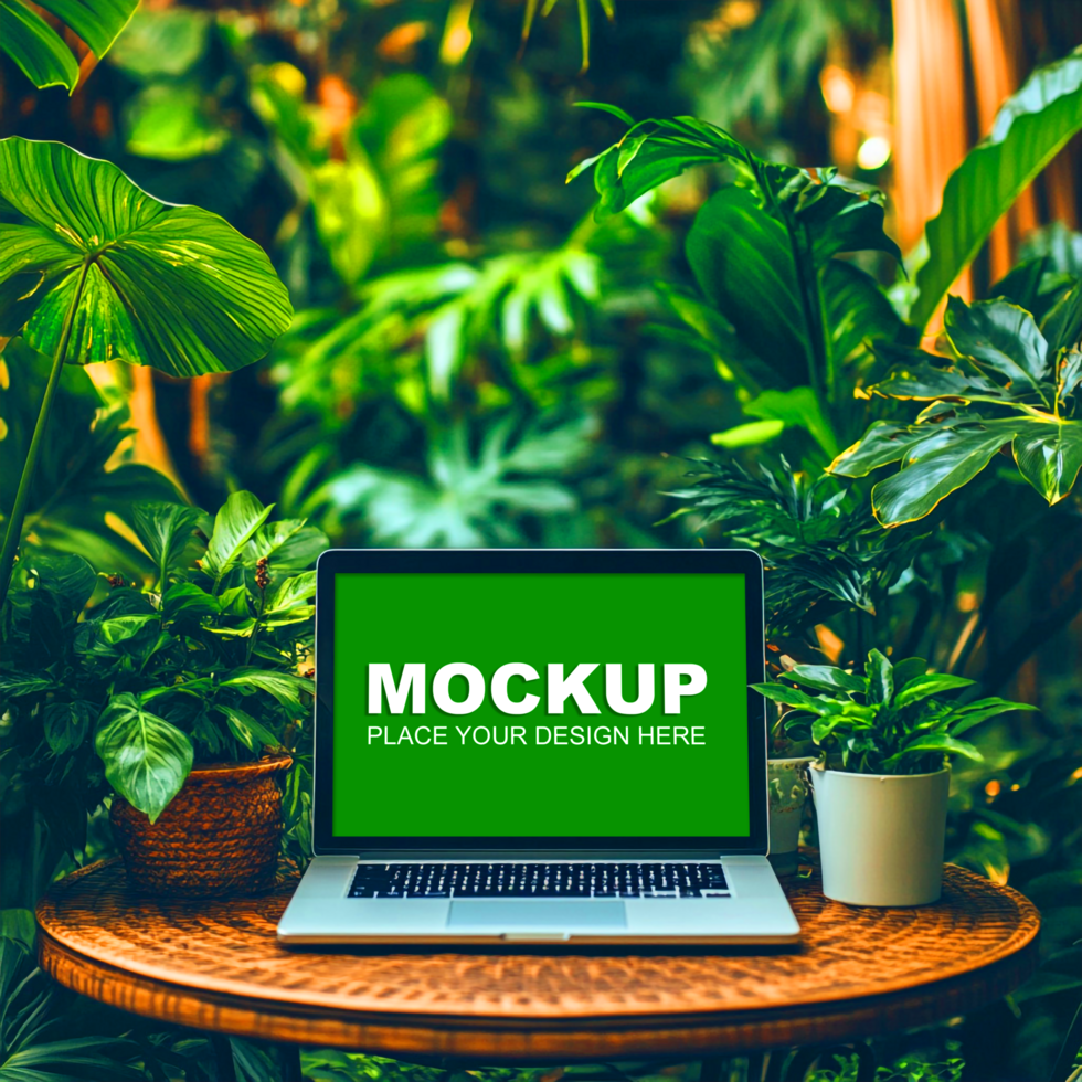 Laptop Mockup on a table with greenery psd