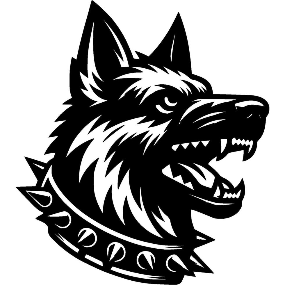 Tattoo of angry roaring German shepherd dog head in monochrome. German shepherd dog side view. Engraving minimalistic in black ink drawing on white background vector