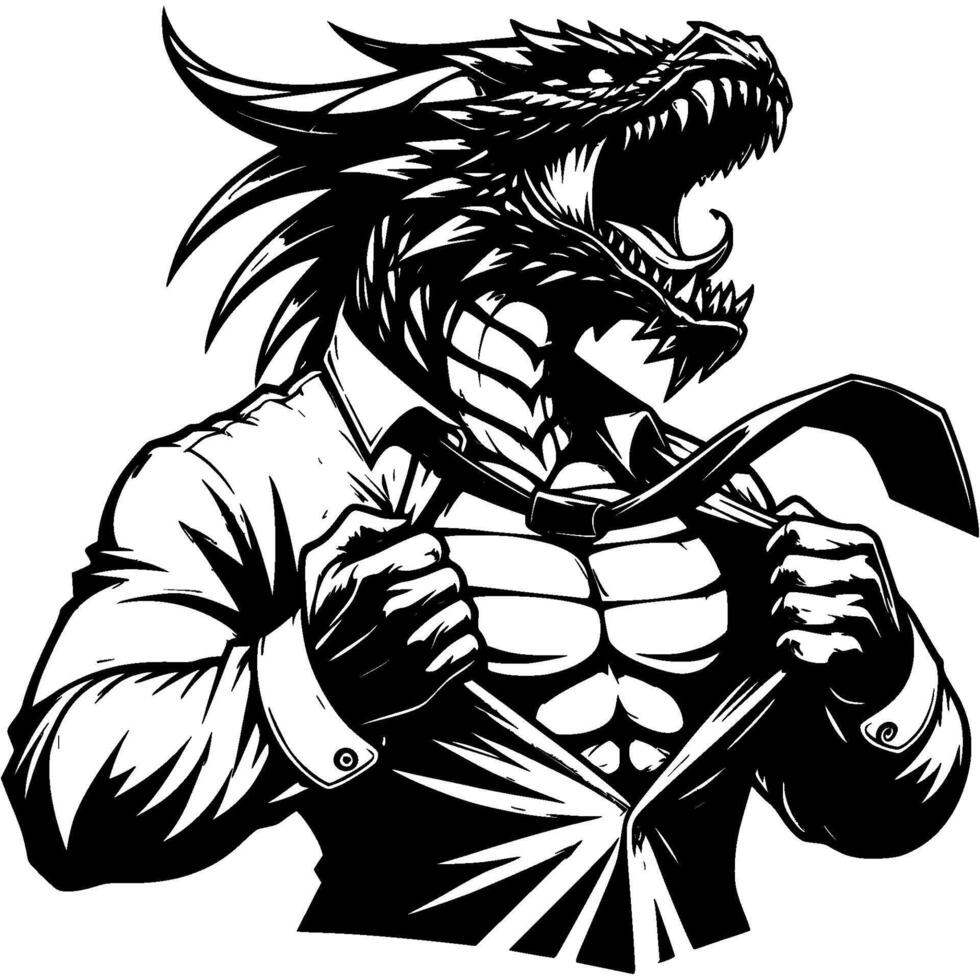 Boss dragon rips shirt at chest in rage in monochrome. Wild reptile animal in human form roars in madness. Tattoo minimalistic in black ink drawing on white background vector