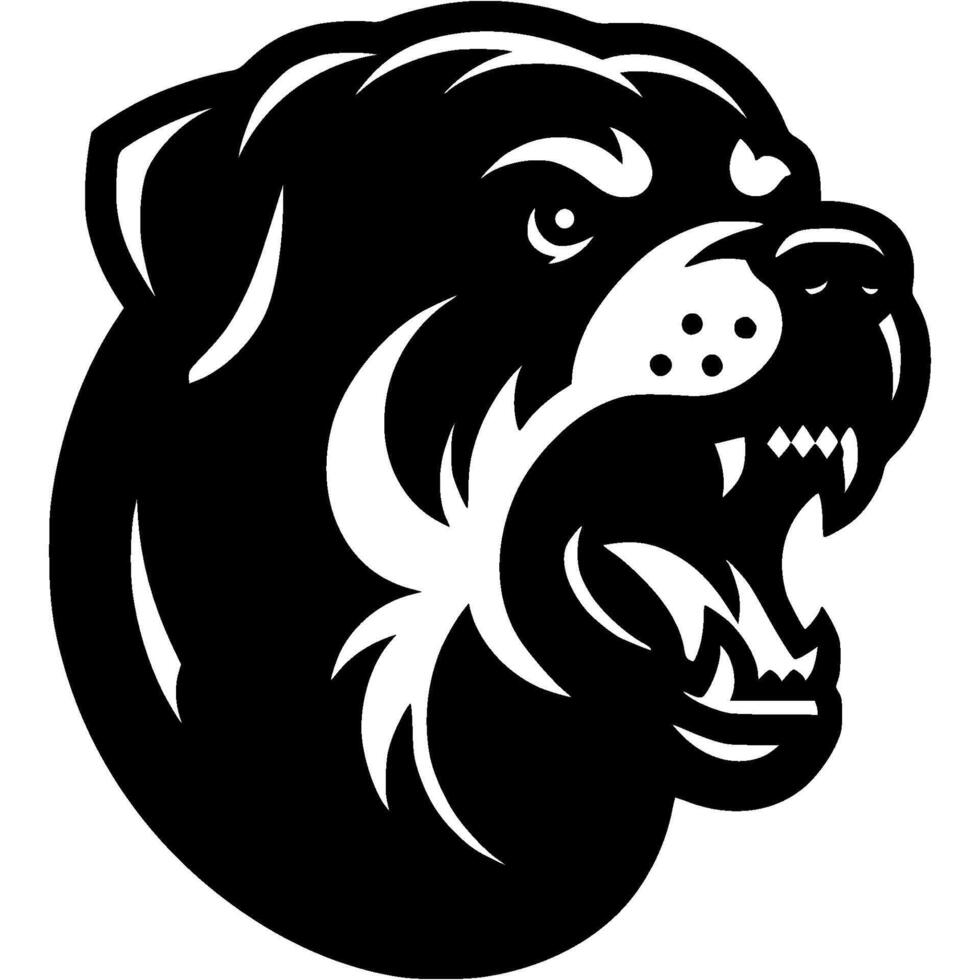 Tattoo of roaring Rottweiler dog head in monochrome. Rottweiler dog in madness side view. Engraving minimalistic in black ink drawing on white background vector