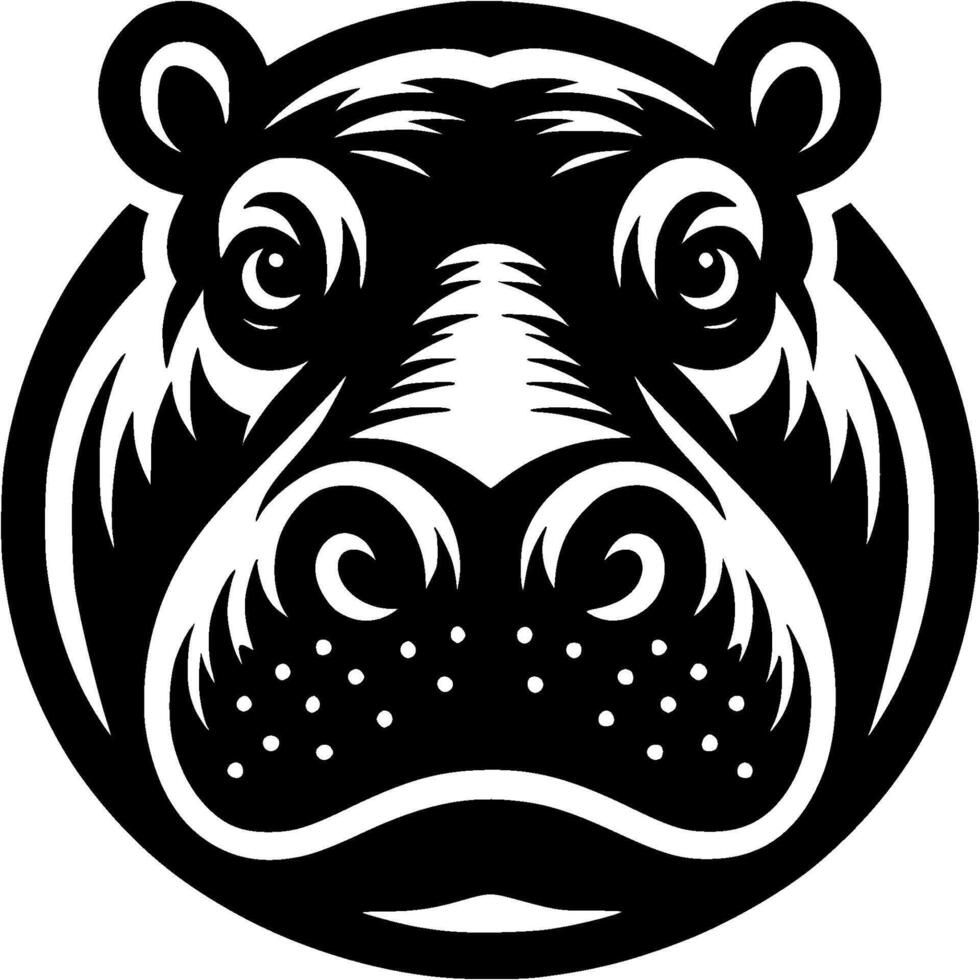 Tattoo of angry hippopotamus front view head in monochrome. Wild hippopotamus muzzle. Engraving minimalistic in black ink drawing on white background vector
