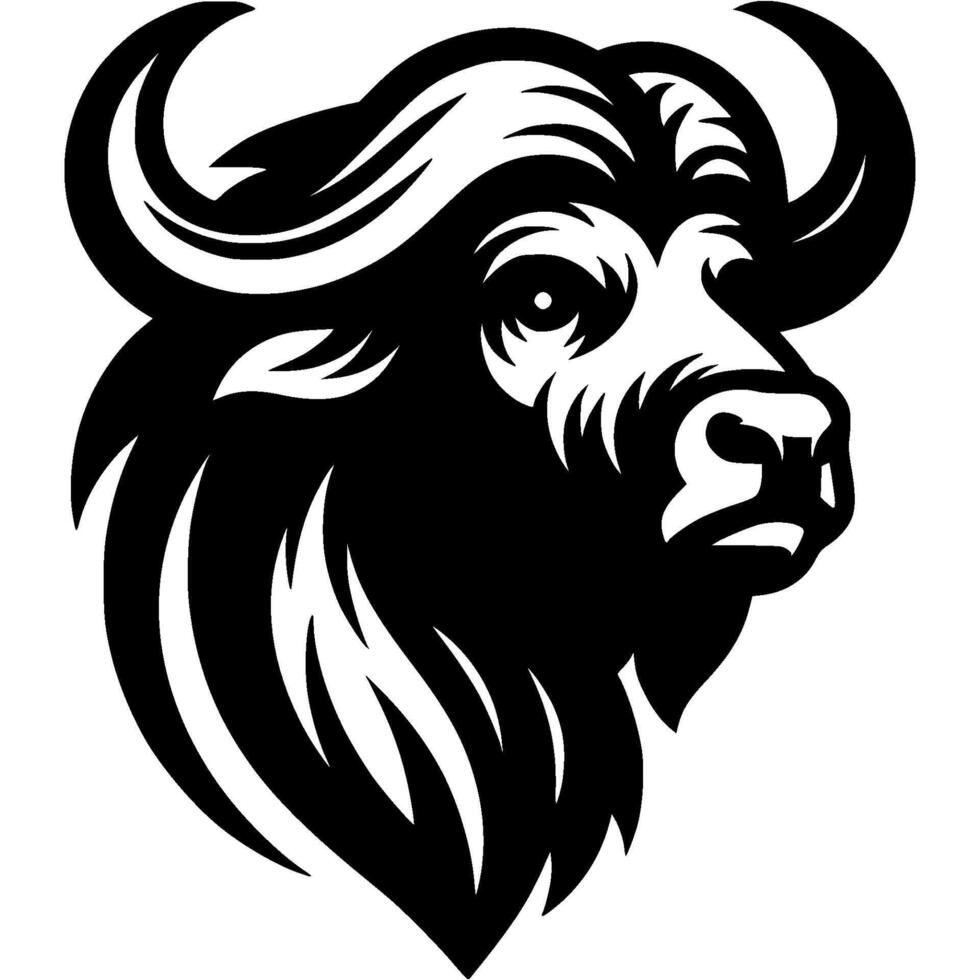 Tattoo of young yak side view head in monochrome. Wild young buffalo. Engraving minimalistic in black ink drawing on white background vector