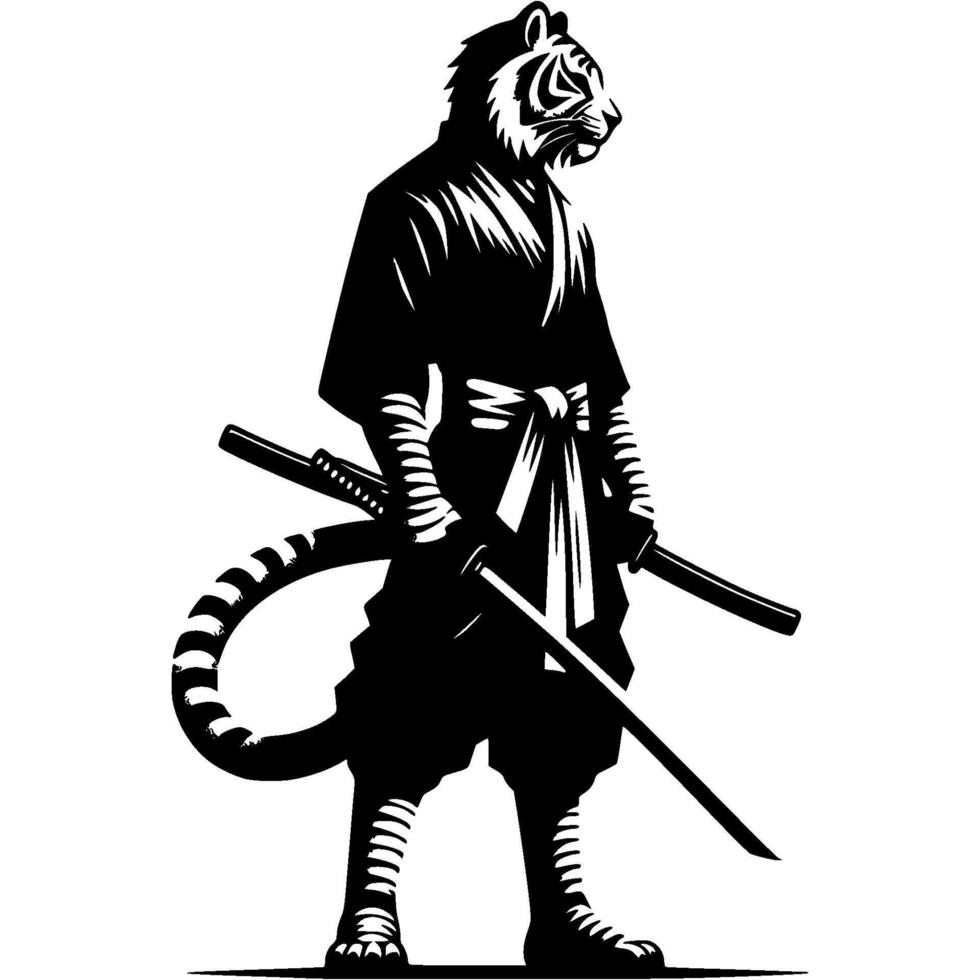 Ninja fighter tiger armed with katana sword in fighting stance in monochrome. Wild wildcat animal warrior. Tattoo minimalistic in black ink drawing on white background vector