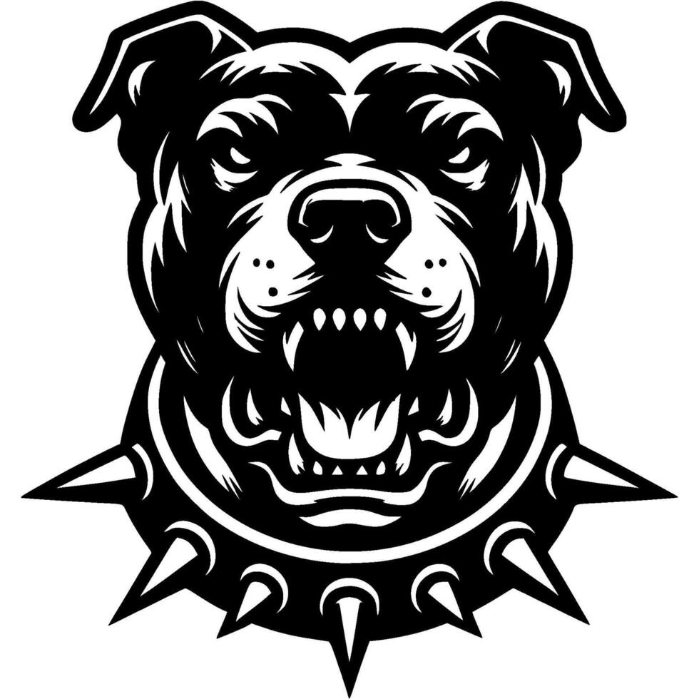 Tattoo of angry roaring Pitbull dog head in monochrome. Pitbull dog in in spiked collar. Engraving minimalistic in black ink drawing on white background vector