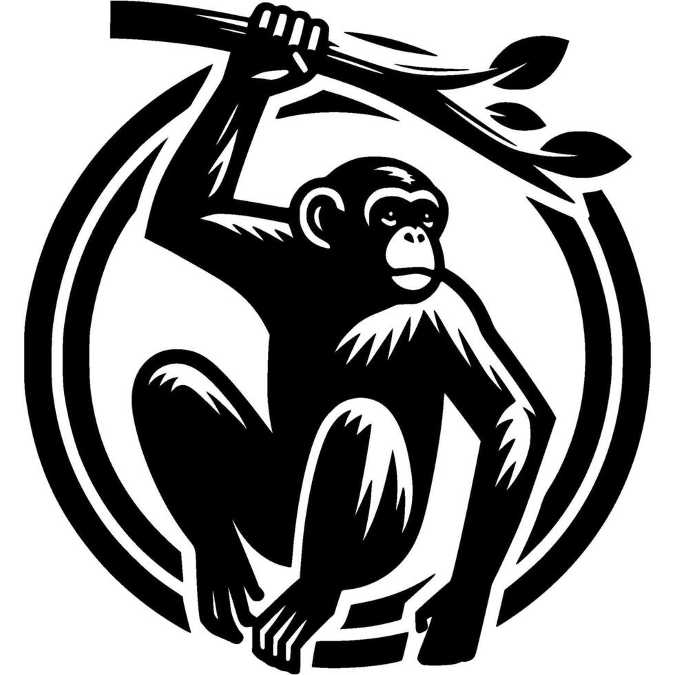 Tattoo of macaque sits on branch and looks forward in monochrome. Anthropoid ape. Engraving minimalistic in black ink drawing on white background vector