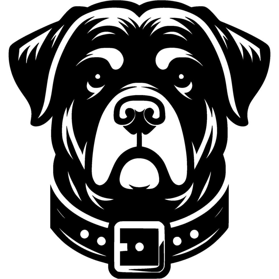 Tattoo of serious Rottweiler dog head in monochrome. Rottweiler dog portrait in collar. Engraving minimalistic in black ink drawing on white background vector