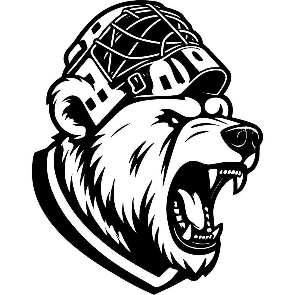 Head of angry roaring polar bear wearing hockey goalie mask in monochrome. Simple minimalistic in black ink drawing on white background vector