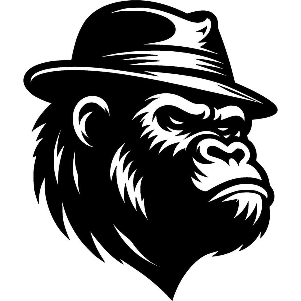 Tattoo of gorilla mafia bandit head in monochrome. Gloomy head of monkey clan. Engraving minimalistic in black ink drawing on white background vector